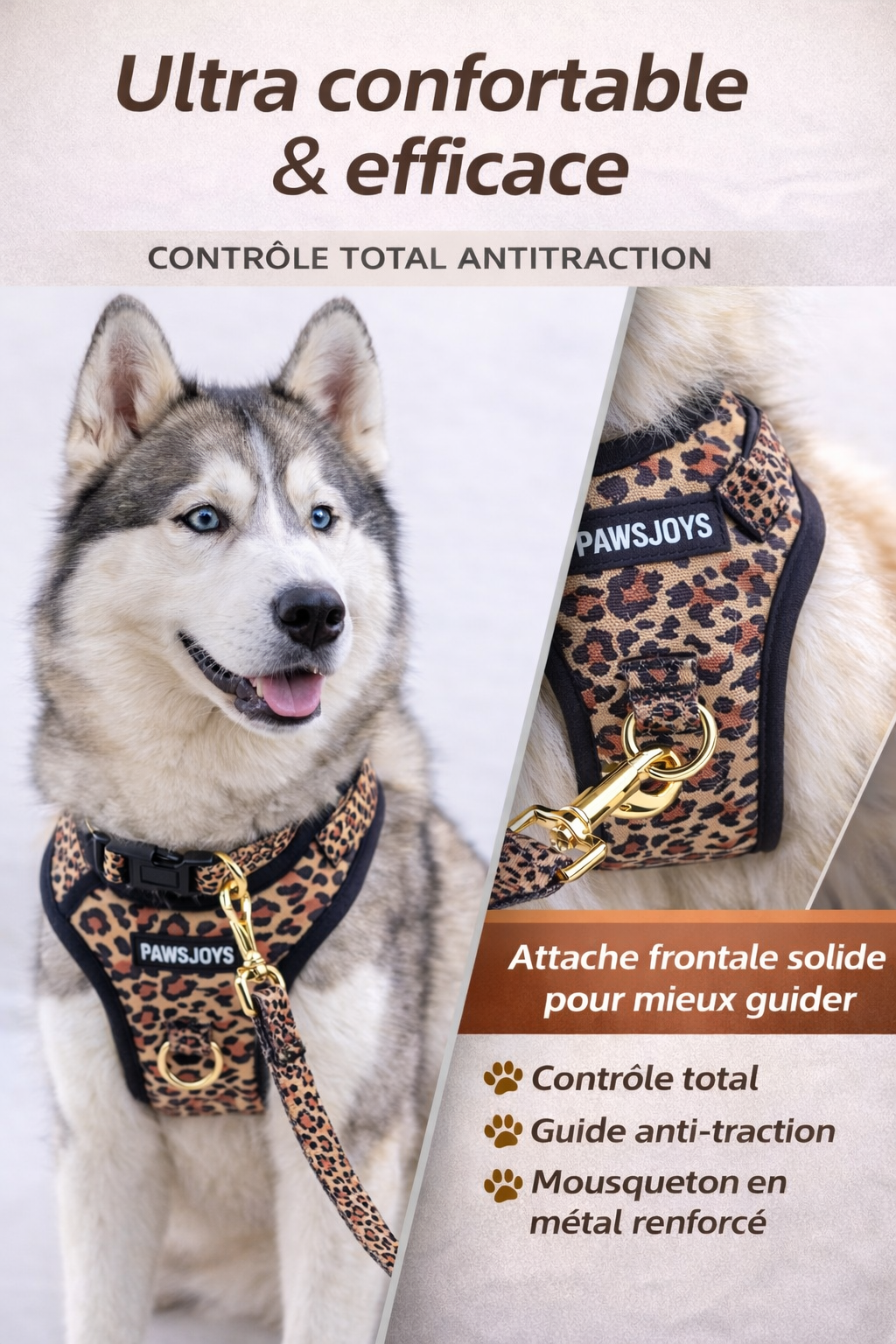 PawsJoys Ensemble Harnais Chien 4 Pièces Motif Léopard – Harnais Anti-Traction, Laisse, Collier et Distributeur de Sacs – Ajustable et Réfléchissant
